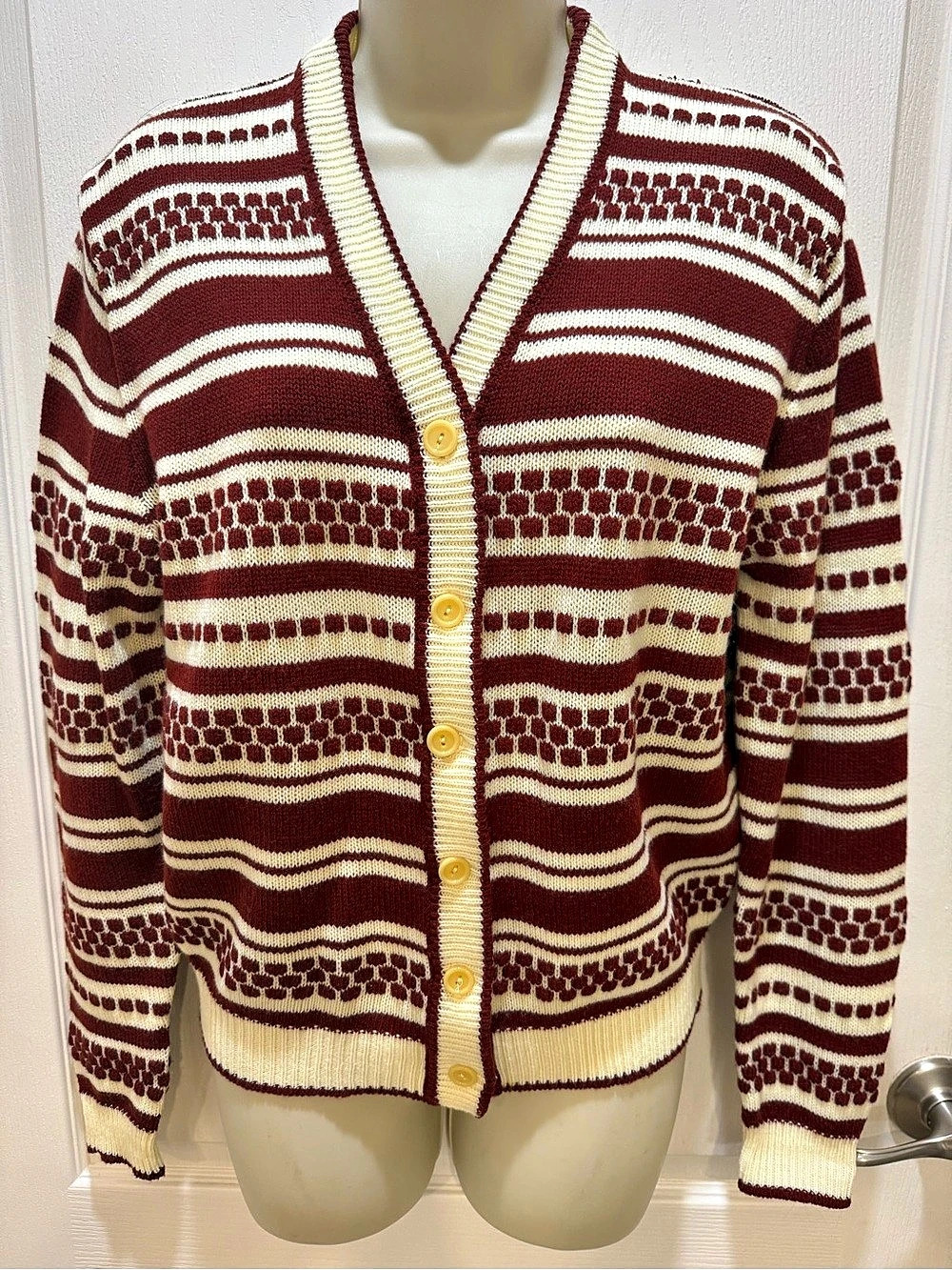 Vintage 70s Sears JR Bazaar Knit Cardigan Sweater Burgundy Cream Geometric Large